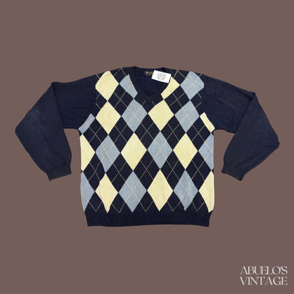 Brooks Brothers Argyle Sweater | Navy Cotton Knit | Size XL | Vintage